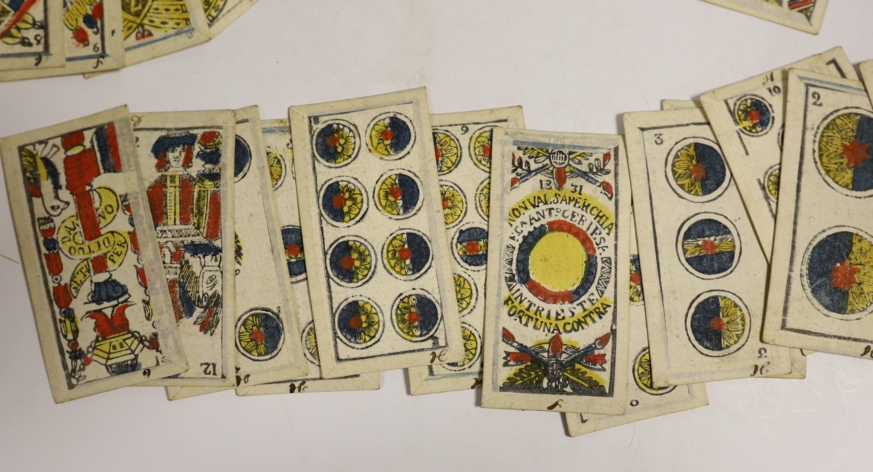 A set of 19th century hand-coloured playing cards, 52 total